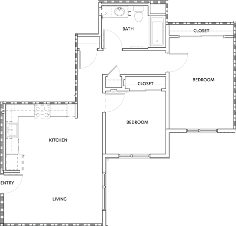 Floor plan for 2 beds, 1 bath, 797 sqft